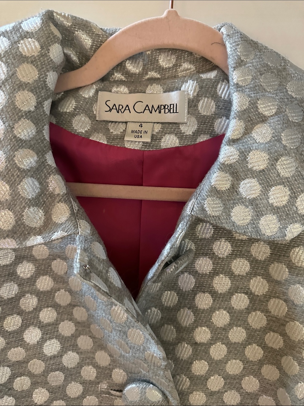 Sara Campbell Silver Polka Dot Coat with Pink Lining - Picture 2 of 4
